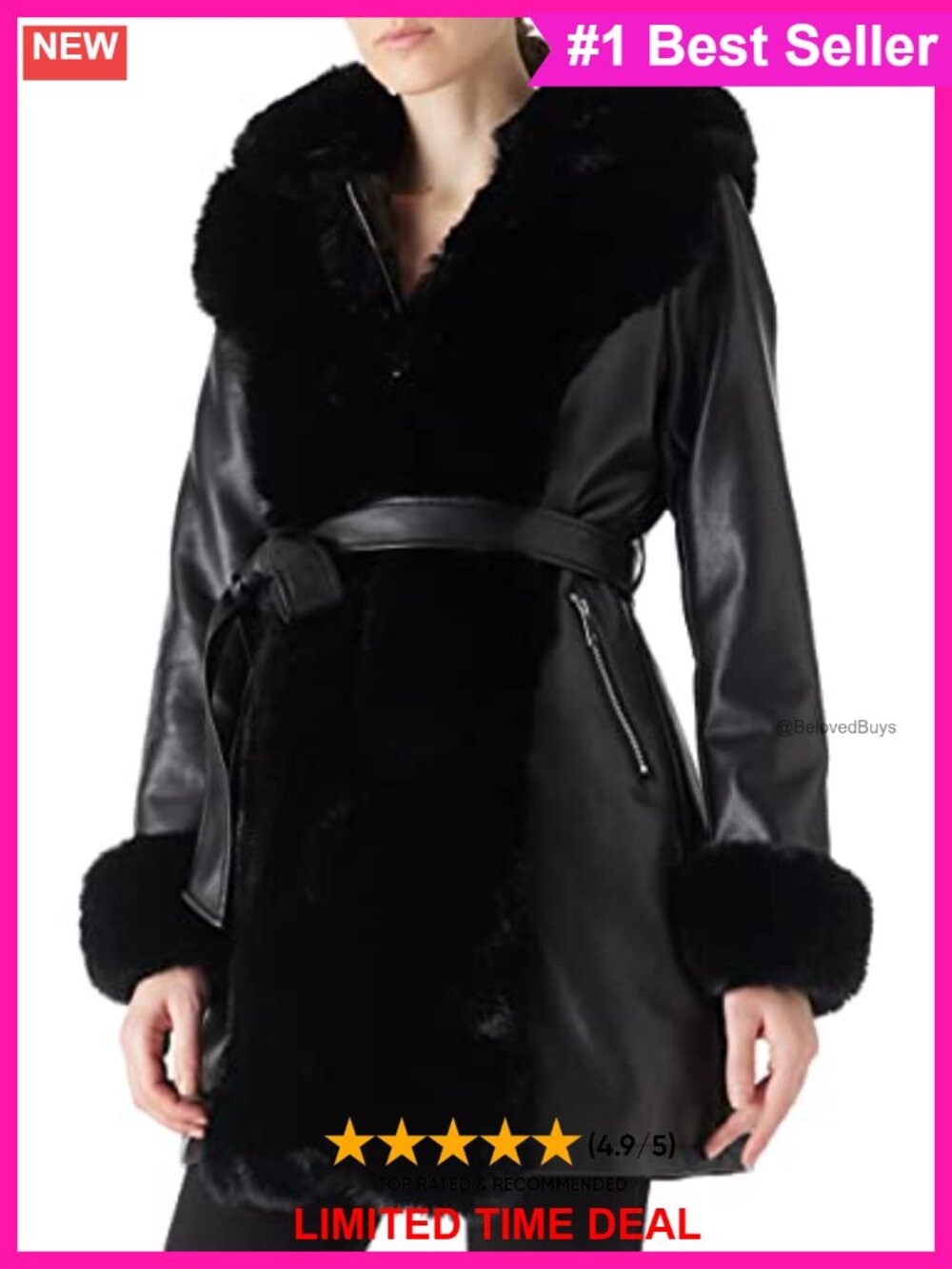RISISSIDA Women Faux Leather Fur Lined Hooded Winter Coat with Belt